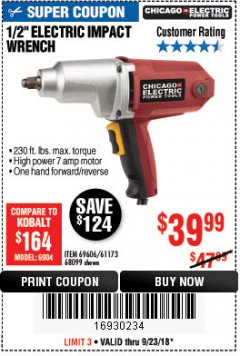 Harbor Freight Coupon 1/2" ELECTRIC IMPACT WRENCH Lot No. 31877/61173/68099/69606 Expired: 9/23/18 - $39.99