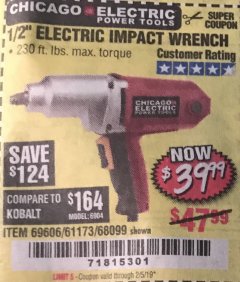 Harbor Freight Coupon 1/2" ELECTRIC IMPACT WRENCH Lot No. 31877/61173/68099/69606 Expired: 2/5/19 - $39.99