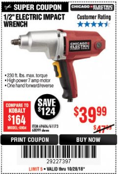 Harbor Freight Coupon 1/2" ELECTRIC IMPACT WRENCH Lot No. 31877/61173/68099/69606 Expired: 10/28/18 - $39.99