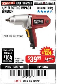 Harbor Freight Coupon 1/2" ELECTRIC IMPACT WRENCH Lot No. 31877/61173/68099/69606 Expired: 12/2/18 - $39.99
