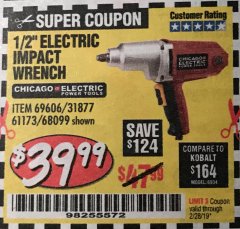Harbor Freight Coupon 1/2" ELECTRIC IMPACT WRENCH Lot No. 31877/61173/68099/69606 Expired: 2/28/19 - $39.99