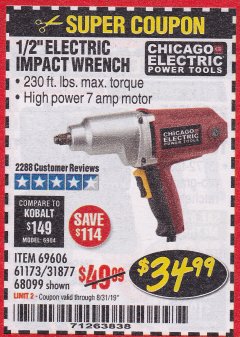 Harbor Freight Coupon 1/2" ELECTRIC IMPACT WRENCH Lot No. 31877/61173/68099/69606 Expired: 8/31/19 - $34.99