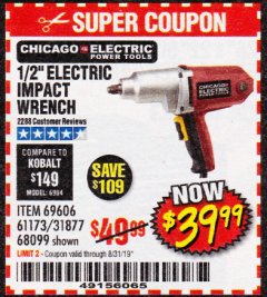 Harbor Freight Coupon 1/2" ELECTRIC IMPACT WRENCH Lot No. 31877/61173/68099/69606 Expired: 8/31/19 - $39.99