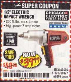 Harbor Freight Coupon 1/2" ELECTRIC IMPACT WRENCH Lot No. 31877/61173/68099/69606 Expired: 10/31/19 - $39.99