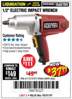 Harbor Freight Coupon 1/2" ELECTRIC IMPACT WRENCH Lot No. 31877/61173/68099/69606 Expired: 10/31/19 - $37.99