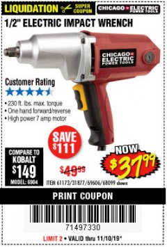 Harbor Freight Coupon 1/2" ELECTRIC IMPACT WRENCH Lot No. 31877/61173/68099/69606 Expired: 11/10/19 - $37.99