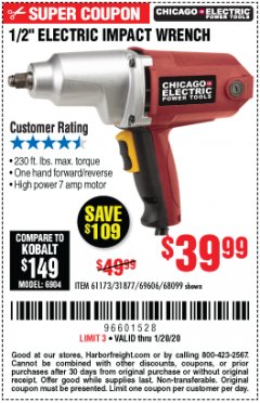 Harbor Freight Coupon 1/2" ELECTRIC IMPACT WRENCH Lot No. 31877/61173/68099/69606 Expired: 1/20/20 - $39.99