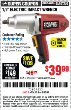 Harbor Freight Coupon 1/2" ELECTRIC IMPACT WRENCH Lot No. 31877/61173/68099/69606 Expired: 2/23/20 - $39.99