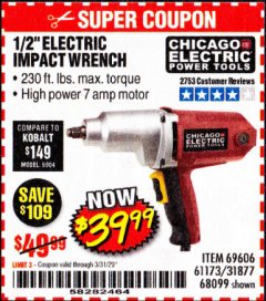 Harbor Freight Coupon 1/2" ELECTRIC IMPACT WRENCH Lot No. 31877/61173/68099/69606 Expired: 3/31/20 - $39.99