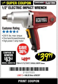 Harbor Freight Coupon 1/2" ELECTRIC IMPACT WRENCH Lot No. 31877/61173/68099/69606 Expired: 6/30/20 - $39.99