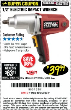 Harbor Freight Coupon 1/2" ELECTRIC IMPACT WRENCH Lot No. 31877/61173/68099/69606 Expired: 6/30/20 - $39.99