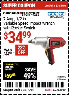 Harbor Freight Coupon 1/2" ELECTRIC IMPACT WRENCH Lot No. 31877/61173/68099/69606 Expired: 10/30/22 - $34.99