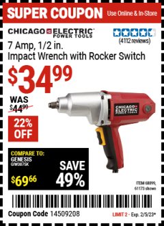 Harbor Freight Coupon 1/2" ELECTRIC IMPACT WRENCH Lot No. 31877/61173/68099/69606 Expired: 2/5/23 - $34.99