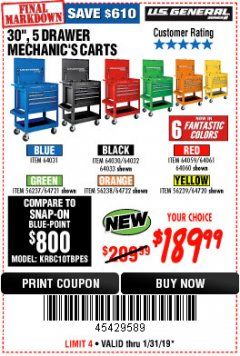 Harbor Freight Coupon 30", 5 DRAWER MECHANIC'S CARTS (RED, BLUE & BLACK) Lot No. 64031/64033/64032/64030/61427/64059/64060/64061/63308/95272 Expired: 1/31/19 - $189.99
