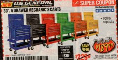 Harbor Freight Coupon 30", 5 DRAWER MECHANIC'S CARTS (RED, BLUE & BLACK) Lot No. 64031/64033/64032/64030/61427/64059/64060/64061/63308/95272 Expired: 7/31/19 - $189.99
