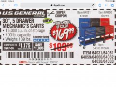 Harbor Freight Coupon 30", 5 DRAWER MECHANIC'S CARTS (RED, BLUE & BLACK) Lot No. 64031/64033/64032/64030/61427/64059/64060/64061/63308/95272 Expired: 12/31/19 - $169.99