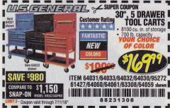Harbor Freight Coupon 30", 5 DRAWER MECHANIC'S CARTS (RED, BLUE & BLACK) Lot No. 64031/64033/64032/64030/61427/64059/64060/64061/63308/95272 Expired: 7/11/18 - $169.99