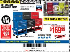 Harbor Freight Coupon 30", 5 DRAWER MECHANIC'S CARTS (RED, BLUE & BLACK) Lot No. 64031/64033/64032/64030/61427/64059/64060/64061/63308/95272 Expired: 5/13/18 - $169.99