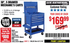 Harbor Freight Coupon 30", 5 DRAWER MECHANIC'S CARTS (RED, BLUE & BLACK) Lot No. 64031/64033/64032/64030/61427/64059/64060/64061/63308/95272 Expired: 6/17/18 - $169.99