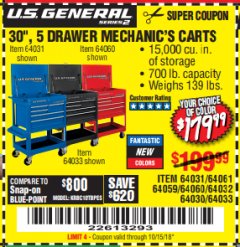 Harbor Freight Coupon 30", 5 DRAWER MECHANIC'S CARTS (RED, BLUE & BLACK) Lot No. 64031/64033/64032/64030/61427/64059/64060/64061/63308/95272 Expired: 10/15/18 - $179.99
