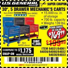 Harbor Freight Coupon 30", 5 DRAWER MECHANIC'S CARTS (RED, BLUE & BLACK) Lot No. 64031/64033/64032/64030/61427/64059/64060/64061/63308/95272 Expired: 9/18/18 - $169.99