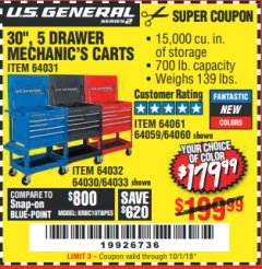 Harbor Freight Coupon 30", 5 DRAWER MECHANIC'S CARTS (RED, BLUE & BLACK) Lot No. 64031/64033/64032/64030/61427/64059/64060/64061/63308/95272 Expired: 10/1/18 - $179.99