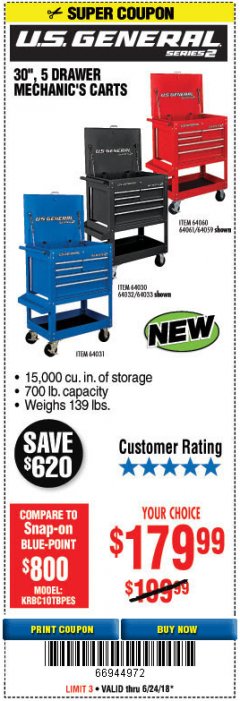 Harbor Freight Coupon 30", 5 DRAWER MECHANIC'S CARTS (RED, BLUE & BLACK) Lot No. 64031/64033/64032/64030/61427/64059/64060/64061/63308/95272 Expired: 6/24/18 - $179.99