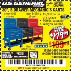 Harbor Freight Coupon 30", 5 DRAWER MECHANIC'S CARTS (RED, BLUE & BLACK) Lot No. 64031/64033/64032/64030/61427/64059/64060/64061/63308/95272 Expired: 10/26/18 - $179.99