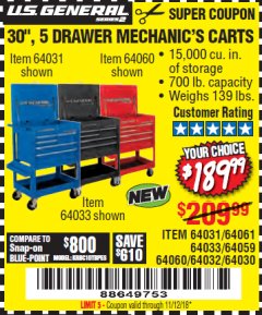 Harbor Freight Coupon 30", 5 DRAWER MECHANIC'S CARTS (RED, BLUE & BLACK) Lot No. 64031/64033/64032/64030/61427/64059/64060/64061/63308/95272 Expired: 11/12/18 - $189.99