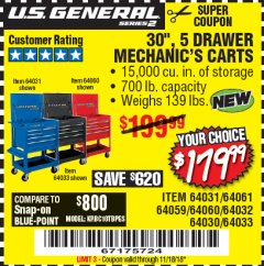 Harbor Freight Coupon 30", 5 DRAWER MECHANIC'S CARTS (RED, BLUE & BLACK) Lot No. 64031/64033/64032/64030/61427/64059/64060/64061/63308/95272 Expired: 11/18/18 - $179.99