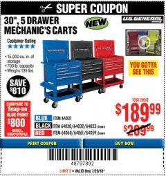 Harbor Freight Coupon 30", 5 DRAWER MECHANIC'S CARTS (RED, BLUE & BLACK) Lot No. 64031/64033/64032/64030/61427/64059/64060/64061/63308/95272 Expired: 7/29/18 - $189.99