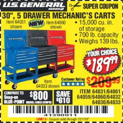 Harbor Freight Coupon 30", 5 DRAWER MECHANIC'S CARTS (RED, BLUE & BLACK) Lot No. 64031/64033/64032/64030/61427/64059/64060/64061/63308/95272 Expired: 12/1/18 - $189.99