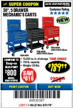 Harbor Freight Coupon 30", 5 DRAWER MECHANIC'S CARTS (RED, BLUE & BLACK) Lot No. 64031/64033/64032/64030/61427/64059/64060/64061/63308/95272 Expired: 8/31/18 - $189.99