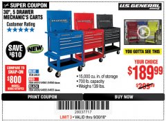 Harbor Freight Coupon 30", 5 DRAWER MECHANIC'S CARTS (RED, BLUE & BLACK) Lot No. 64031/64033/64032/64030/61427/64059/64060/64061/63308/95272 Expired: 9/30/18 - $189.99