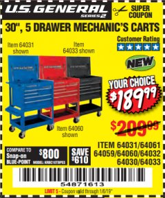 Harbor Freight Coupon 30", 5 DRAWER MECHANIC'S CARTS (RED, BLUE & BLACK) Lot No. 64031/64033/64032/64030/61427/64059/64060/64061/63308/95272 Expired: 1/16/19 - $189.99