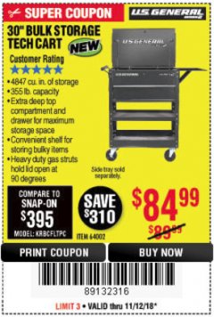 Harbor Freight Coupon 30" BULK STORAGE TECH CART Lot No. 64002 Expired: 11/18/18 - $84.99