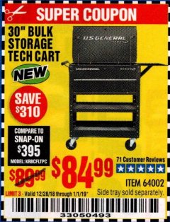 Harbor Freight Coupon 30" BULK STORAGE TECH CART Lot No. 64002 Expired: 1/1/19 - $84.99