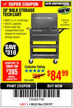 Harbor Freight Coupon 30" BULK STORAGE TECH CART Lot No. 64002 Expired: 2/24/19 - $84.99