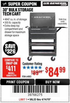 Harbor Freight Coupon 30" BULK STORAGE TECH CART Lot No. 64002 Expired: 4/14/19 - $84.99