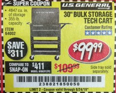 Harbor Freight Coupon 30" BULK STORAGE TECH CART Lot No. 64002 Expired: 8/24/19 - $99.99