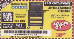 Harbor Freight Coupon 30" BULK STORAGE TECH CART Lot No. 64002 Expired: 7/20/19 - $84.99