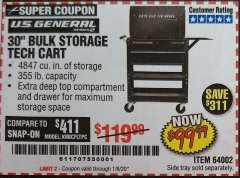 Harbor Freight Coupon 30" BULK STORAGE TECH CART Lot No. 64002 Expired: 1/8/20 - $99.99