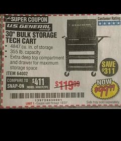 Harbor Freight Coupon 30" BULK STORAGE TECH CART Lot No. 64002 Expired: 1/8/20 - $99.99