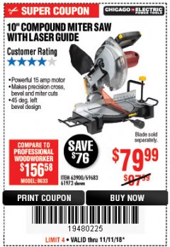 Harbor Freight Coupon 10" COMPOUND MITER SAW WITH LASER GUIDE Lot No. 61973/63900/69683 Expired: 11/11/18 - $79.99