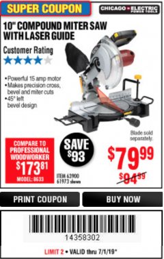 Harbor Freight Coupon 10" COMPOUND MITER SAW WITH LASER GUIDE Lot No. 61973/63900/69683 Expired: 7/1/19 - $79