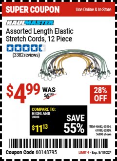Harbor Freight Coupon 12 PIECE ASSORTED LENGTH ELASTIC STRETCH CORDS Lot No. 46682/61938/62839/56890/60534 Expired: 8/18/22 - $4.99