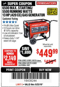 Harbor Freight Coupon 6500 MAX. STARTING/5500 RUNNING WATTS 13 HP GAS GENERATOR Lot No. 63082/68526/63081/63084/68529/63083 Expired: 9/23/18 - $449.99