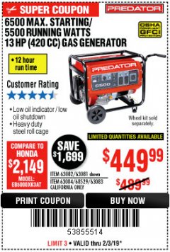 Harbor Freight Coupon 6500 MAX. STARTING/5500 RUNNING WATTS 13 HP GAS GENERATOR Lot No. 63082/68526/63081/63084/68529/63083 Expired: 2/3/19 - $449.99