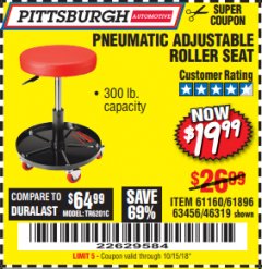 Harbor Freight Coupon PNEUMATIC ADJUSTABLE ROLLER SEAT Lot No. 61160/63456/46319 Expired: 10/15/18 - $19.99