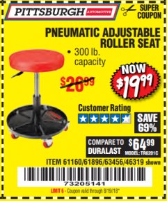 Harbor Freight Coupon PNEUMATIC ADJUSTABLE ROLLER SEAT Lot No. 61160/63456/46319 Expired: 8/19/18 - $19.99